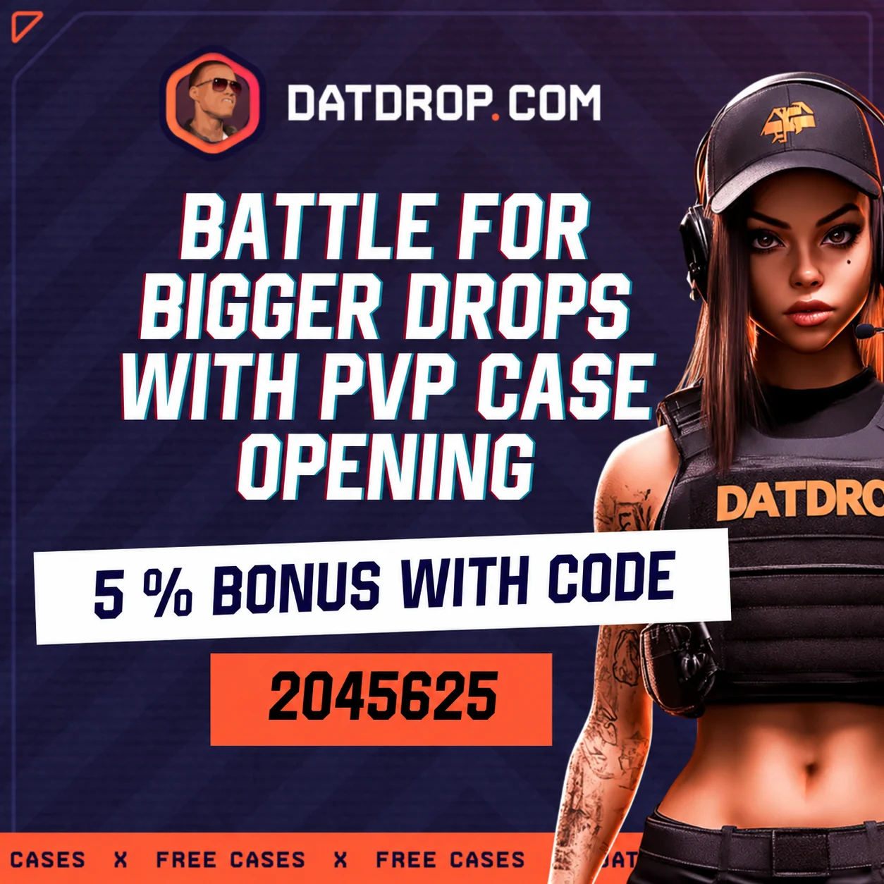 DatDrop PVP case-opening banner advertising a 5% bonus with code 2045625