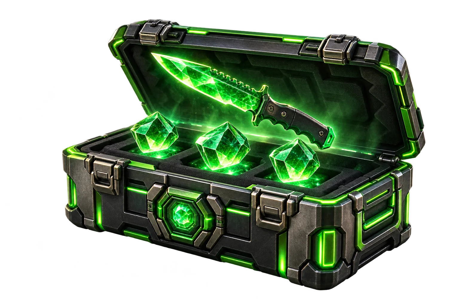 Emerald-lit case and collectible tokens for the Farmskins referral guide